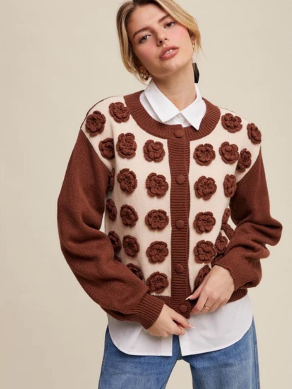 NEW Listicle Mod Boutique Kingston Floral Appliqué Button-Up Sweater Cardigan 🤎